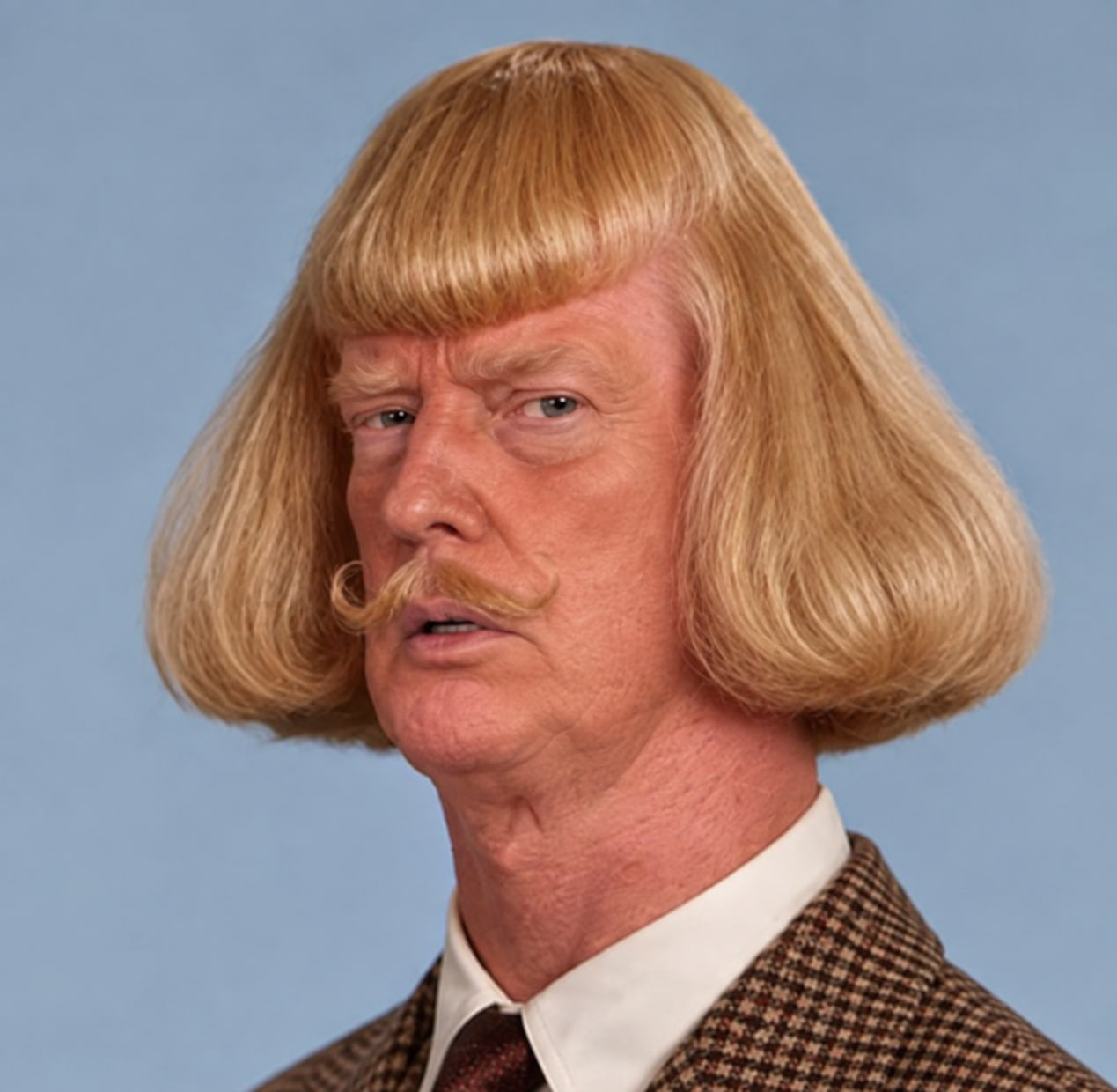 Jean Trump with a golden blond bob, curled moustache and a tweed suit